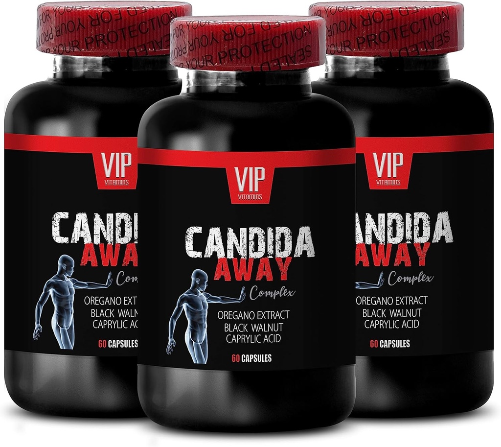 extract de nuc negru, proces standard complex flora intestinal - CANDIDA AWAY COMPLEX - extract de frunze de aloe vera, acid caprilic, rapel imunitar, capsule de ulei de oregano super-rezistenta organica - 3 Bot 180 Caps