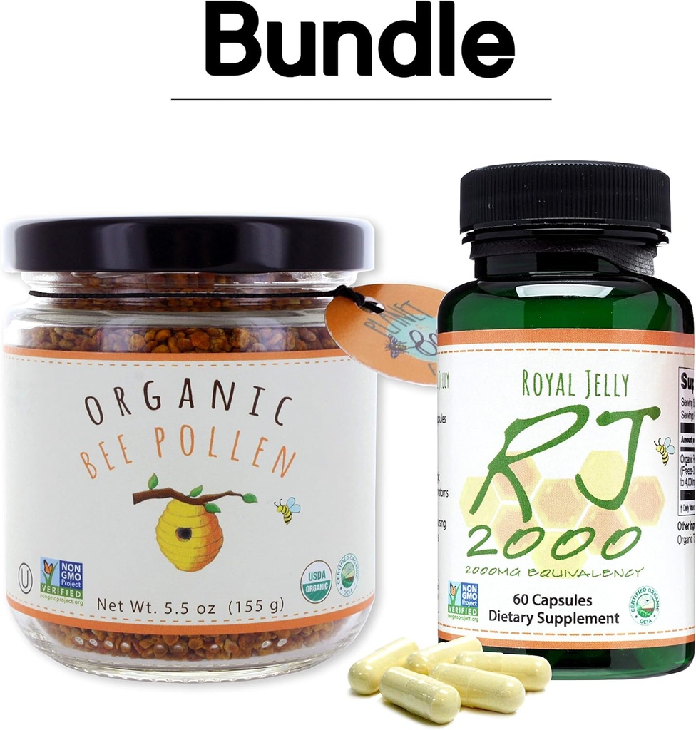 Greenbow Organic Bee Polen - 100% USDA Certified Organic, Pure, Natural Bee Polen - Superfood ambalate cu proteine, vitamine și minerale - 155g Royal Jelly 2000mg 60 capace