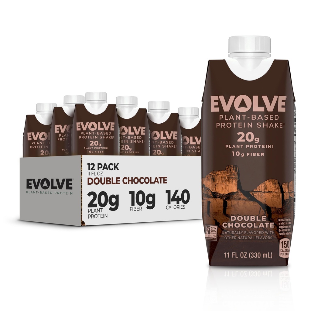 Evolve pe bază de proteine Shake, ciocolată dublă, 20g Vegan proteine, lactate gratuit, fără îndulcitori artificiali, non-GMO, 10g fibre, 11 Fl Oz (Pachet de 12) - (Formula May Vary)