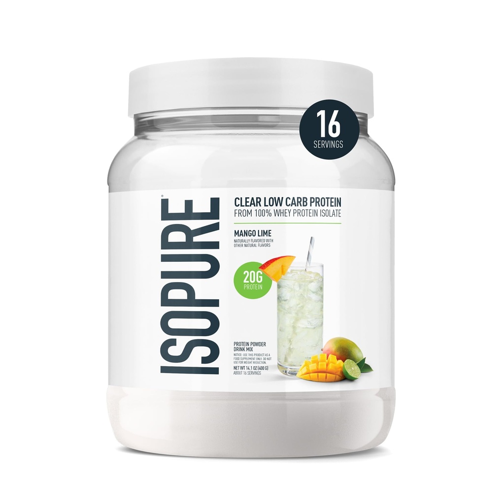 Isopure Clear Whey Izolate Proteine Pulbere, Lactoză Gratuit, Gluten gratuit, natural arostat, Mango Lime, 20g Proteine Per Servire, 14.1 Oz, 16 Serviri (Packing May Vary)