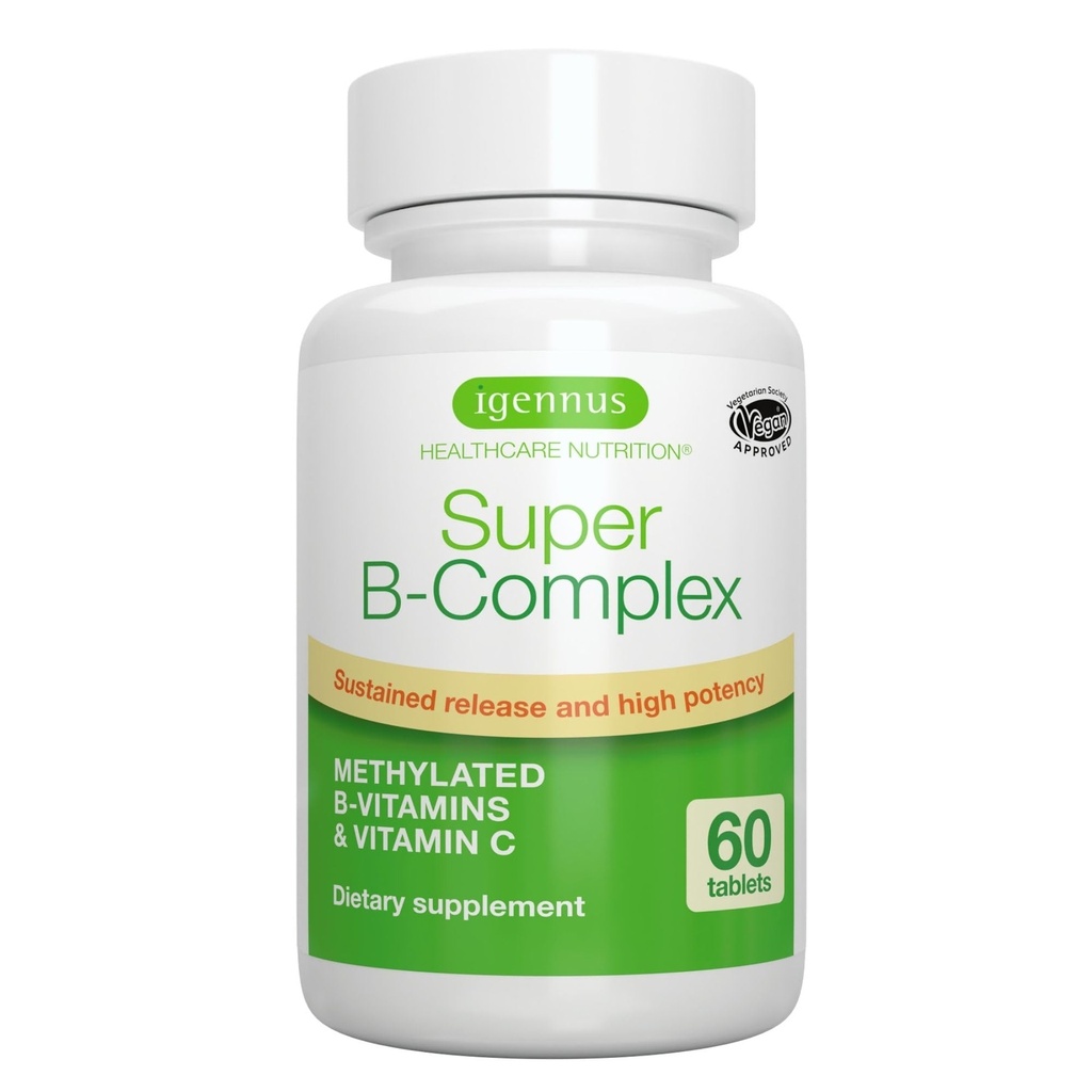 Igennus Super B-Complex Vitamine B metilate - eliberare susţinută, etichetă curată şi absorbţie ridicată, cu 5-MTHF Folate & metil B12, energie, Mood & Cognitive Performance, Lab verificat, 60 comprimate mici