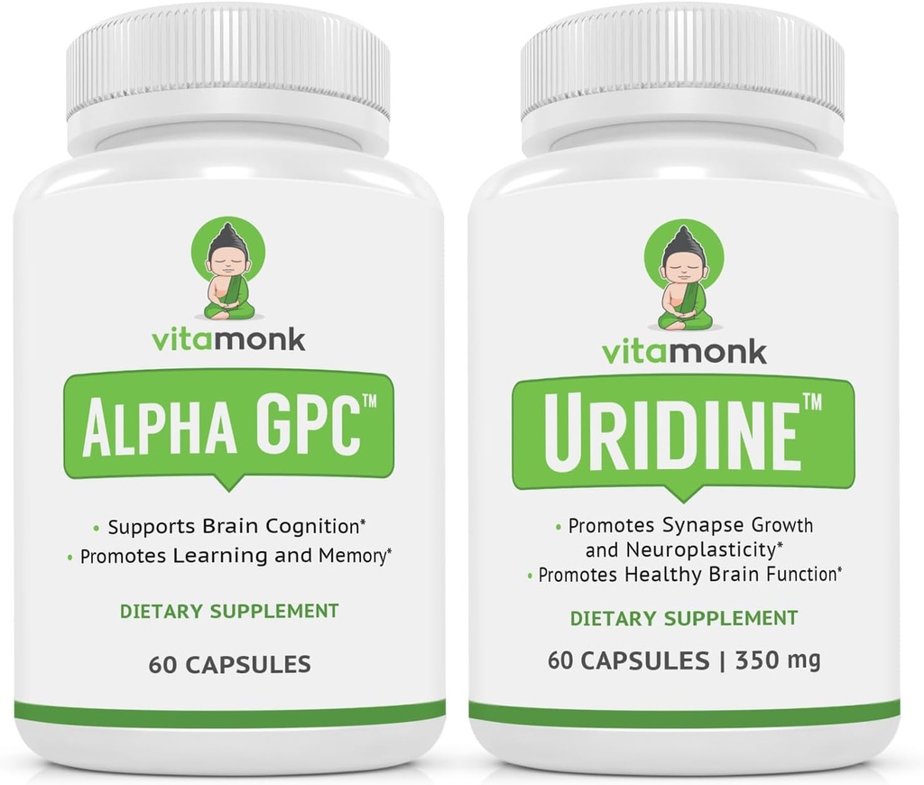 VitaMonk Alpha GPC și Uridină Stack - Mr Happy Stack - Uridină Monofosfat fără Fillere Artificiale - Suplimente de colină biodisponibile promovează cunoașterea, concentrarea, Claritatea mintală