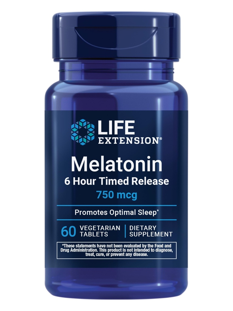 Life Extensie Melatonina 6 Ore Timed Release, 750 mcg, Extended-Release Formula pentru suport de somn blând, sanatos circadian Rhythms, Cellular Defense, Gluten-Free, Non-GMO, Vegetarian, 60 comprimate