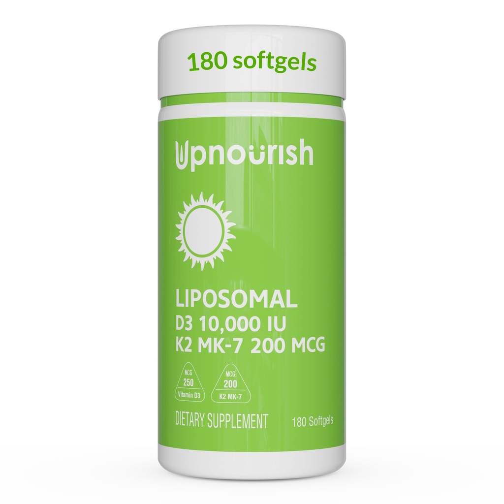 UpNourish Liposomal D3 K2 Vitamina 10000 UI D3 și K2 MK-7 200 mcg - 180 Vitamina D3 k2 (Vitamina D3 con K2) Mini Softgels - Ușor de înghiţit K2 D3 Vitamina