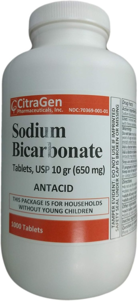 Sodium Bicarbonate Tablets USP 650 mg (10 Grains) for Relief of Acid Indigestion, Heartburn, Sour Stomach & Upset Stomach 1000 Tablets per Bottle by CitraGen Pharmaceuticals Inc