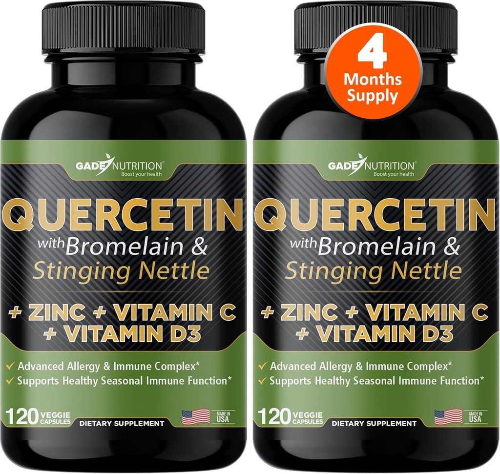 Gade Nutrition Querbetin cu vitamina C şi zinc - Nettle Querbetin - Querbetin 500mg - Querbetin cu Bromelain - Zinc Querbetin + vitamina D3-240 Veggie Caps - Non-GMO - 4 luni de aprovizionare