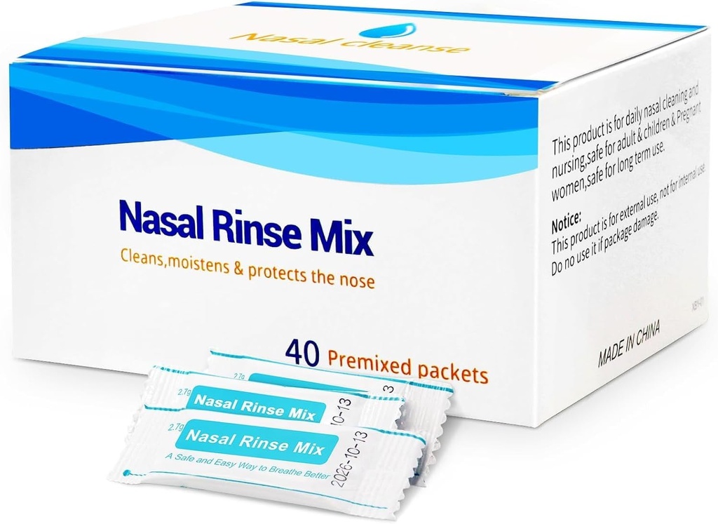 40 Pachete saline pre-amestecate Sinus Clătire pentru Neti Pots și sisteme de irigare nazale, Pachete de sare Sinus Clătire eficientă pentru alergii și congestie