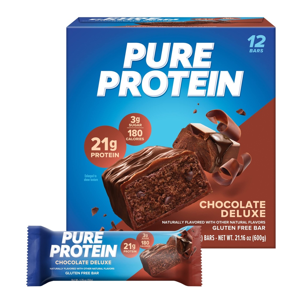 Baruri de proteine pure, proteine mari, gustări nutritive pentru a sprijini energia, zahăr scăzut, gluten gratuit, ciocolată Deluxe, 1.76 oz., 12 Count(Pachet de 1) (Pachetul poate varia)