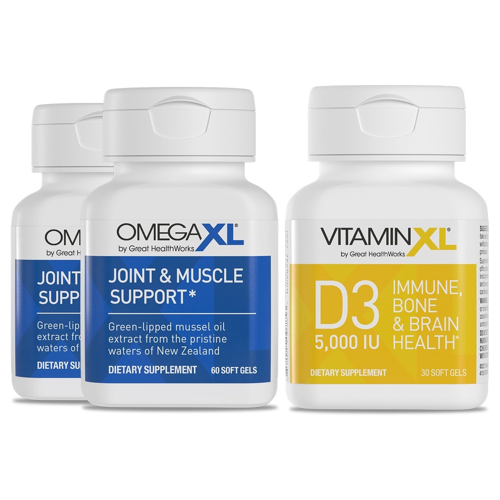 Suplimentul de suport comun OmegaXL - Natural Muscle/Immune Support, 60 Softgels (2 Package) & VitaminXL D3 High Potence Daily Vitamina D 5000 UI 125mcg Supliment (30 Softgels)