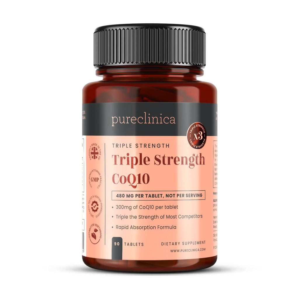 pureclinica Fermented CoQ10 300mg x 90 comprimate. Fără OMG, grad USP. cu vitamina C adăugată și extract de piper negru pentru absorbție.