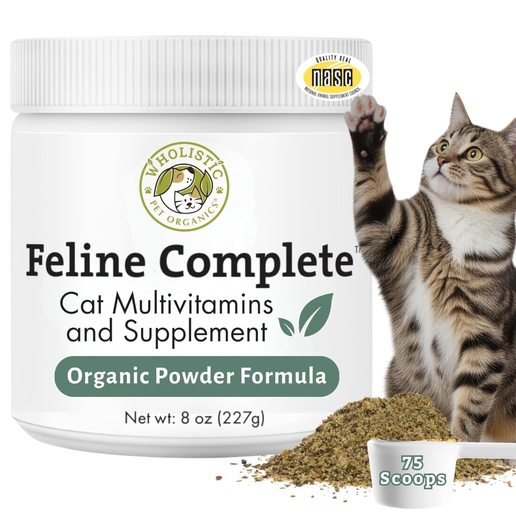 Wholistic Pet Organics Feline Complete - 8 Oz - Pudră multivitamine și probiotice pentru pisici - Natural Cat Food & suport digestiv
