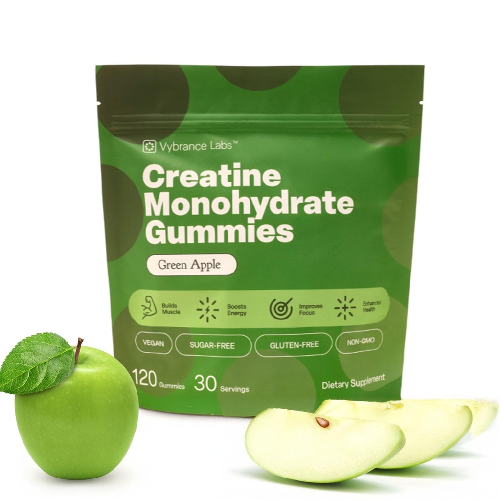Creatine Gumries 5g Monohidrat + Taurină & B12 - Sugar-Free, Vegan, Gluten-Free - Green Apple - 120 Conte (30 Servings) pentru Putere, Energie & Focus