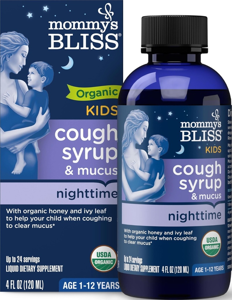 Mami Bliss Organic Kids Tuse Syrup & Mucus Relief pentru timp de noapte, Agave & Honey, Ivy Leaf, Zinc, Vitamina C, + Herbal Nighttime Blend, 4 Fl z