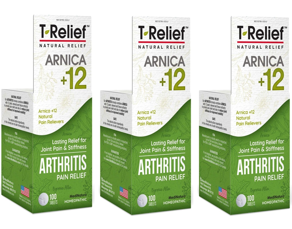 T-Reliefy Extra Putere Durere Artrita Relieiver Arnica +12 Medicamente naturale pentru dureri articulare Stiffness Dureri, Diszolvare rapidă Durere pentru femei și bărbați - 100 comprimate (Pachet de 3)