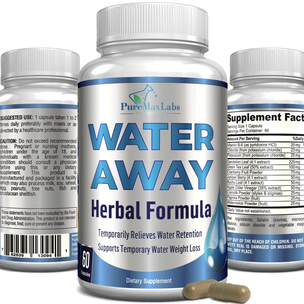 Apă Departe Diuretic Herbal Gentle - Pastile naturale de apă Diuretic - Relax Blooting, Reduce greutatea apei în exces cu frunze de păpădie, Ceai verde, Detox Cleanse & Sănătate urinară. Non-GMO, 60 capsule