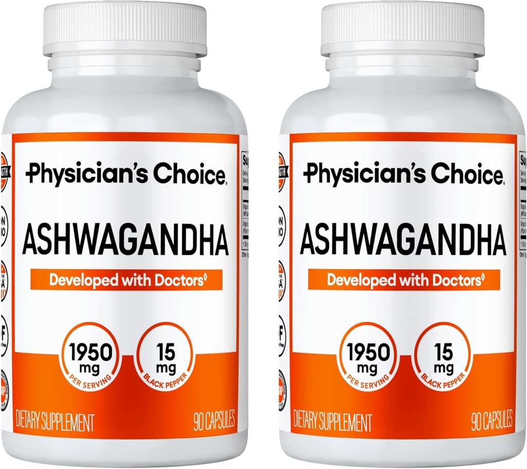 Medicului CHOICE Ashwagandha 1950mg Organic Ashwagandha Root Powder cu extract de piper negru, suport de stres, Mood Supplement, 90 Veggie capsule Ashwagandha - 2 PCK