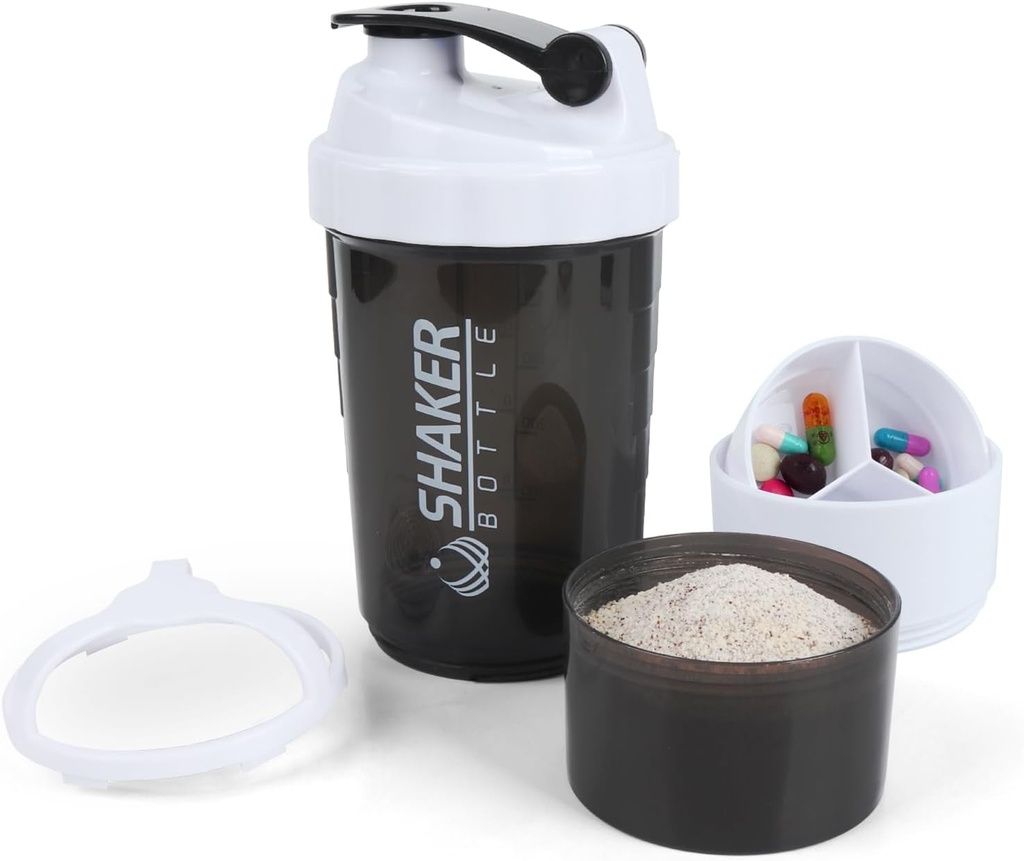 Sticluță Shaker - Cupa Shaker de proteine cu compartimente de stocare - Sticle de antrenament rezistente la scurgeri cu Mixer pentru amestecare netedă-500ML/16oz (Alb și negru)