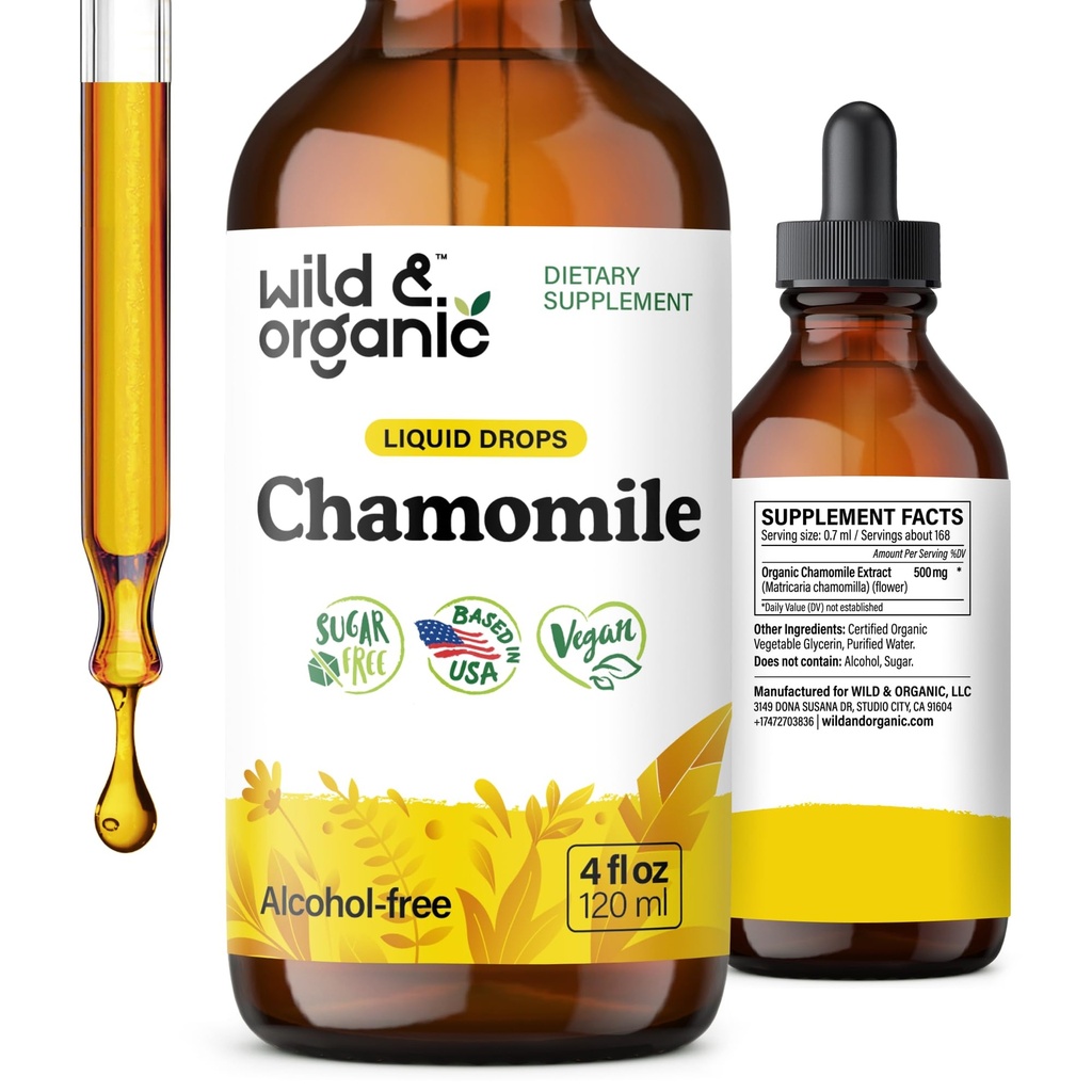 Flori de musetel salbatic si organic Tinctura - calmant Supliment pentru relaxare - Chamomile Extract picaturi lichide - Vegan, zahar si alcool - 4 fl oz