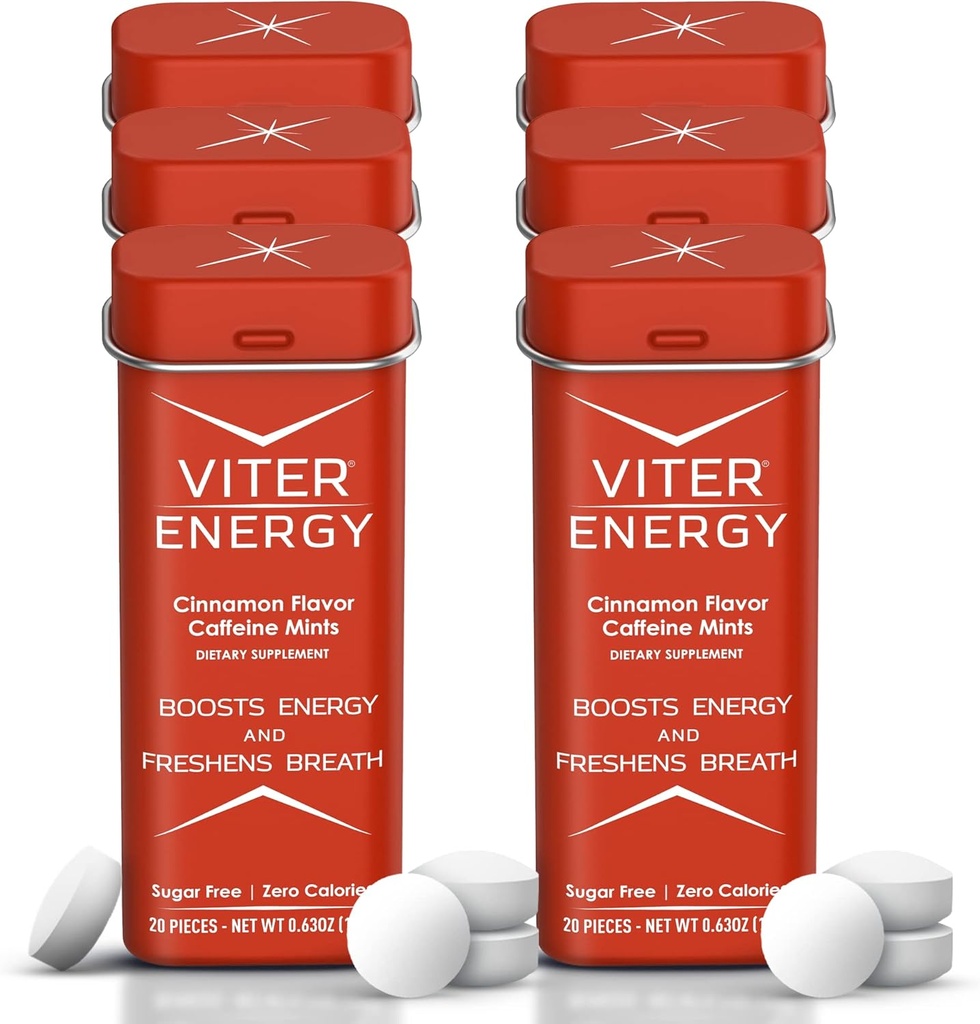 Viter Energy Cafeine Mints (120 piese) - 40mg Cafeina, Zahăr gratuit, Vegan, B Vitamine Complex, Suplimentul energetic Cafeina pastile (Cinnamon, 6 Pack)