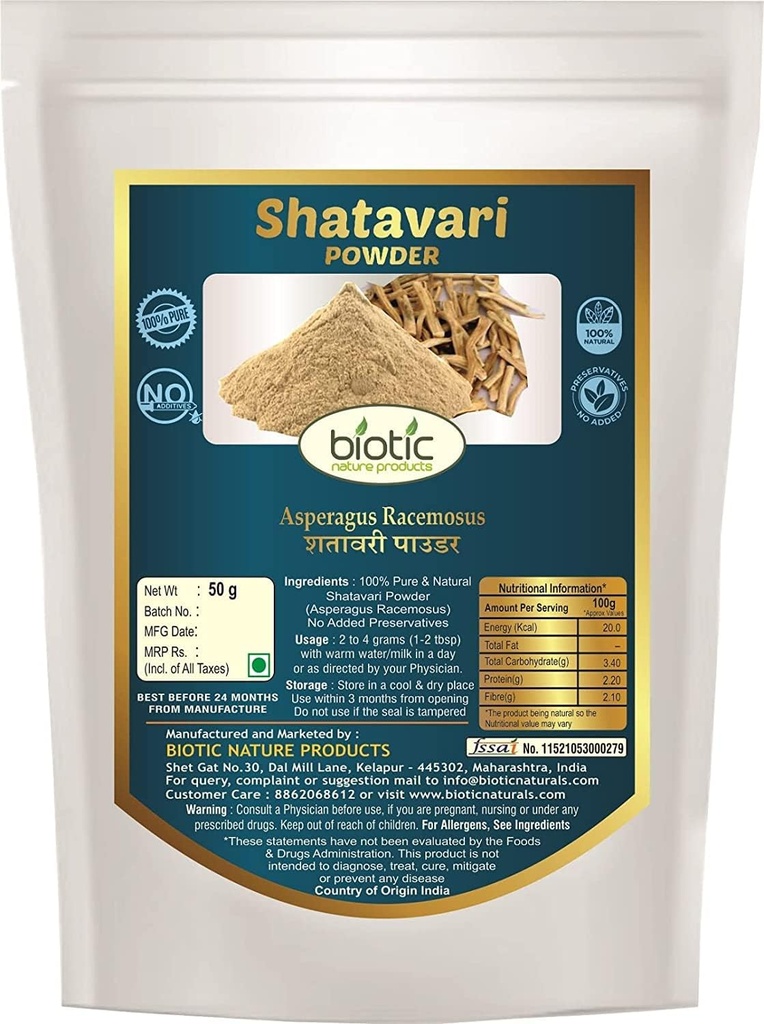 Veena Natural Shatavari pulbere - Sparanghel Racemosus - Satavar Churna - Satavari pulbere - 50g
