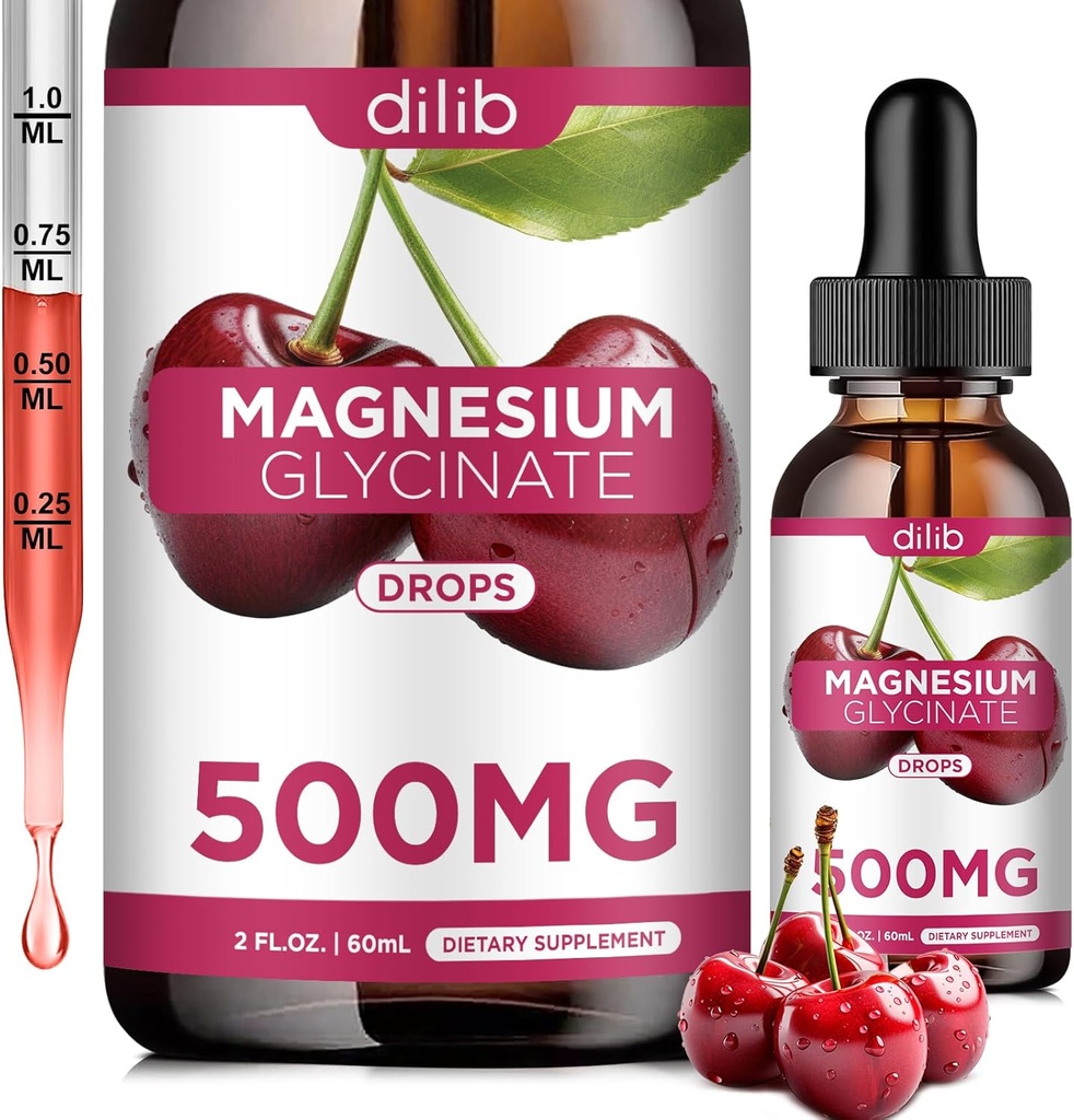 Magneziu Glicinat Supliment, Magneziu Glicinat Picături lichide 500 mg cu calciu, zinc, vitamina B6, D3, L-Theanină, Omega 3 pentru somn, Mood, Stresss Relief, Bone, Muscle, Cherry Flavor