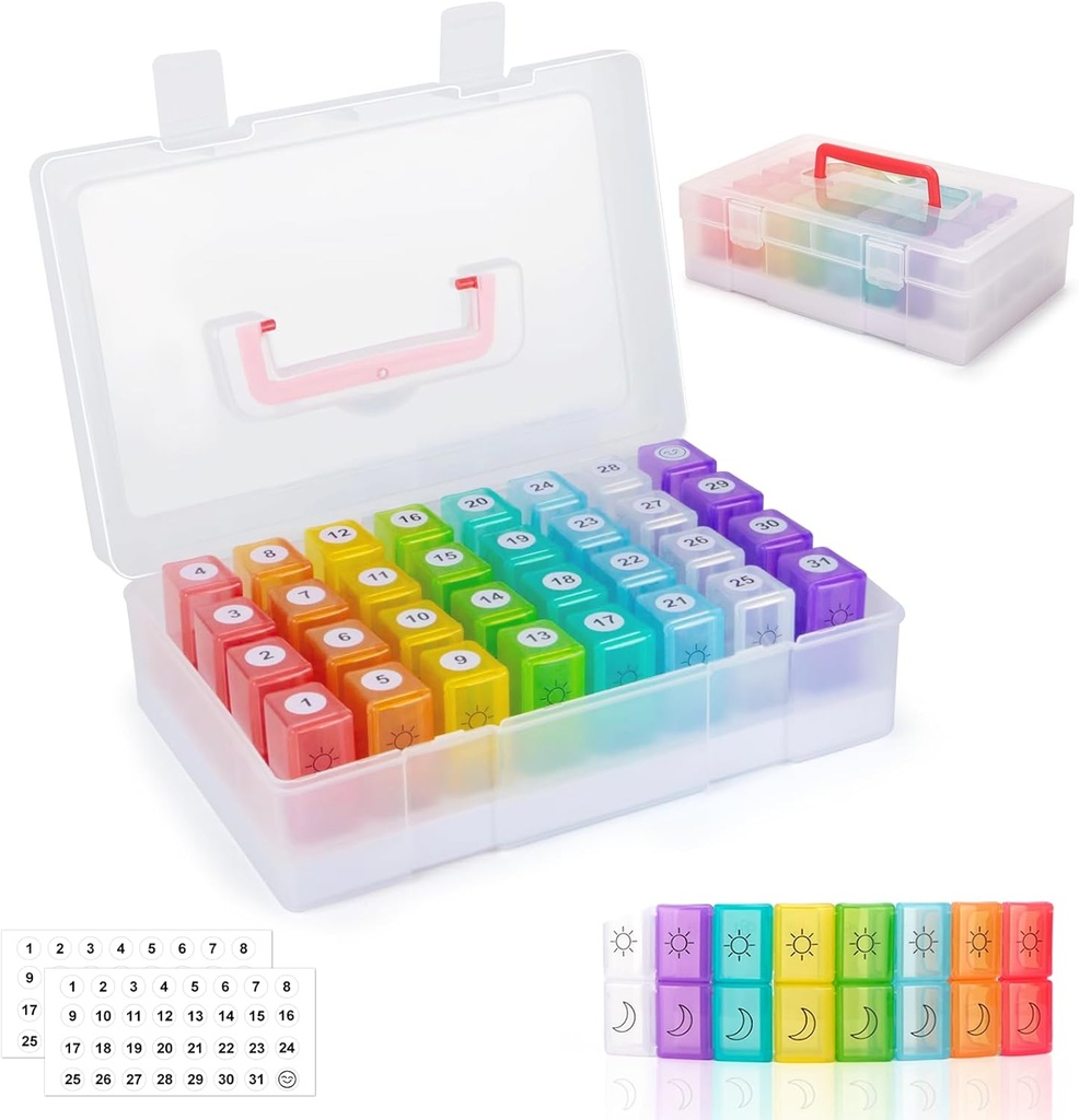 Organizator lunar de pastile de 2 ori pe zi, 30 Day Pill Organizator de 2 ori pe zi, Boxe Pill şi Organizator de 2 ori pe zi cu caz de călătorie, cutie de pastile de molth Am Pm luna Pill Box Organizator cu 32 Daily Compartments