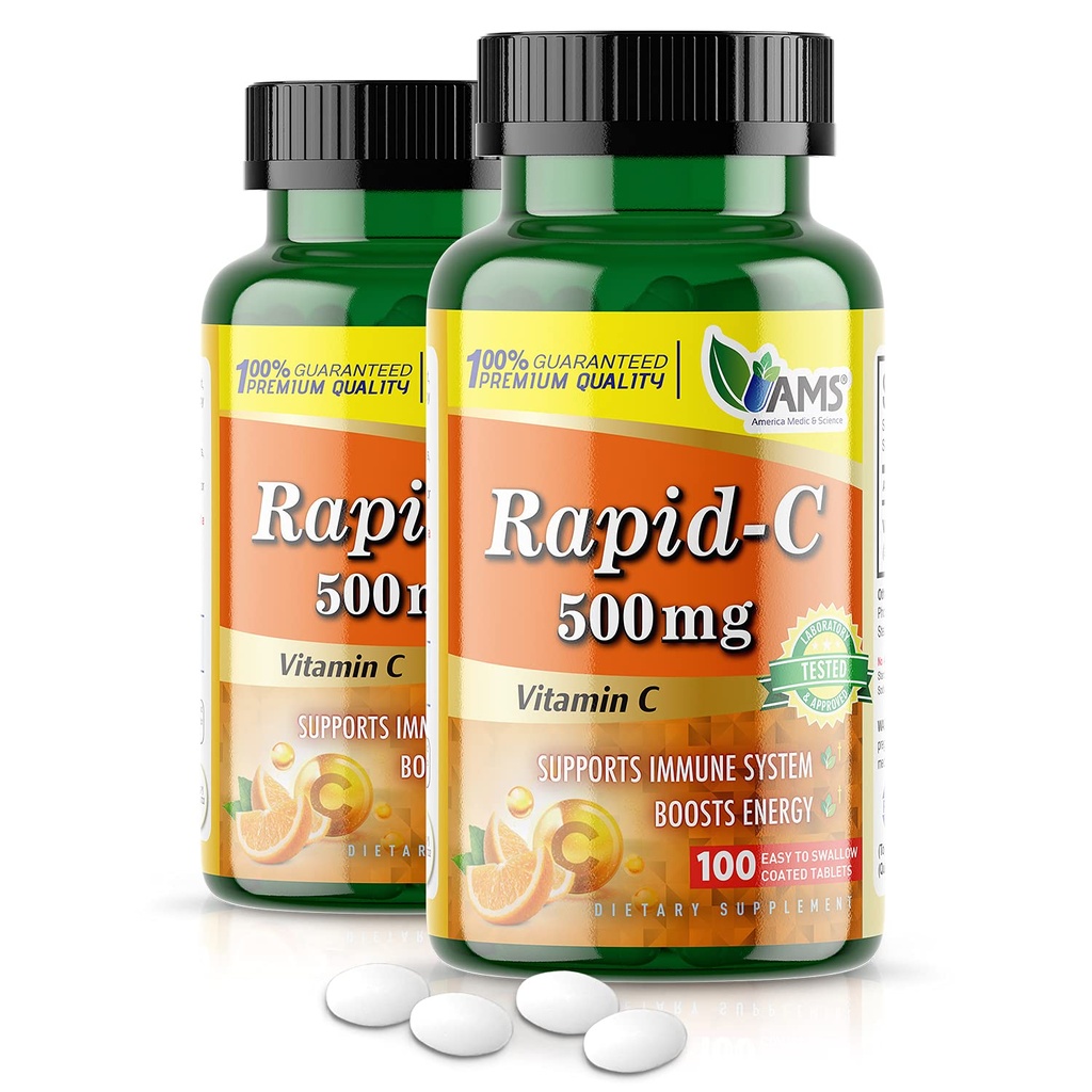 America Medic & Science Rapid-C 500mg Vitamină C Supliment (2 pachet de 100 comprimate) Booster de energie, Daily Immune System Support, Antioxidant 