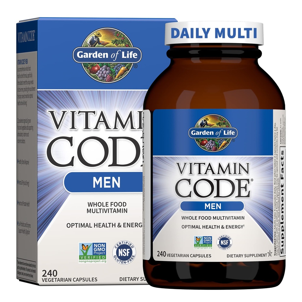 Gradina de viata Cod Vitamina Whole Food Multivitamine pentru barbati - 240 Capsule, Vitamine pentru barbati, Veggie Blend fructe si Probiotice pentru energie, inima, prostata sanatate, Vegetarian Men Multivitamine