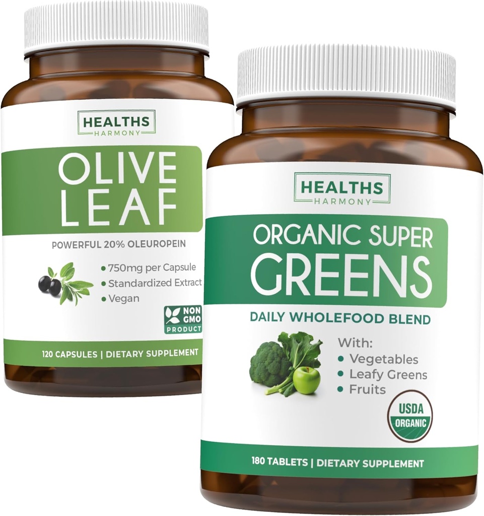 Olive Leaf Extract & Organic Super Greens (4-Month Supply) Pure Plant Power Bundle of Olive Leaf Extract (120 capsule) Super Putere & Organic Super Greens (180 Tabete) Organic Superfood