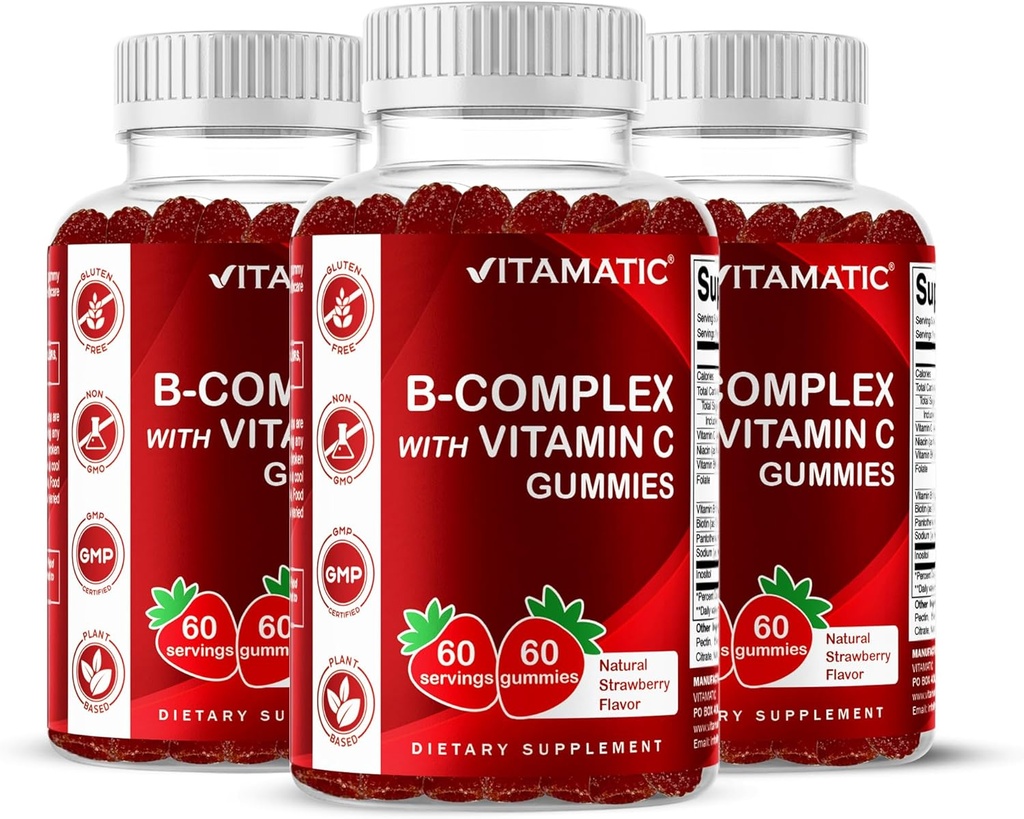 Vitamatic Vitamina B Complex Gummies cu vitamina C & Inositol - Aroma naturala de capsuni - 60 Gummies (3 sticle)