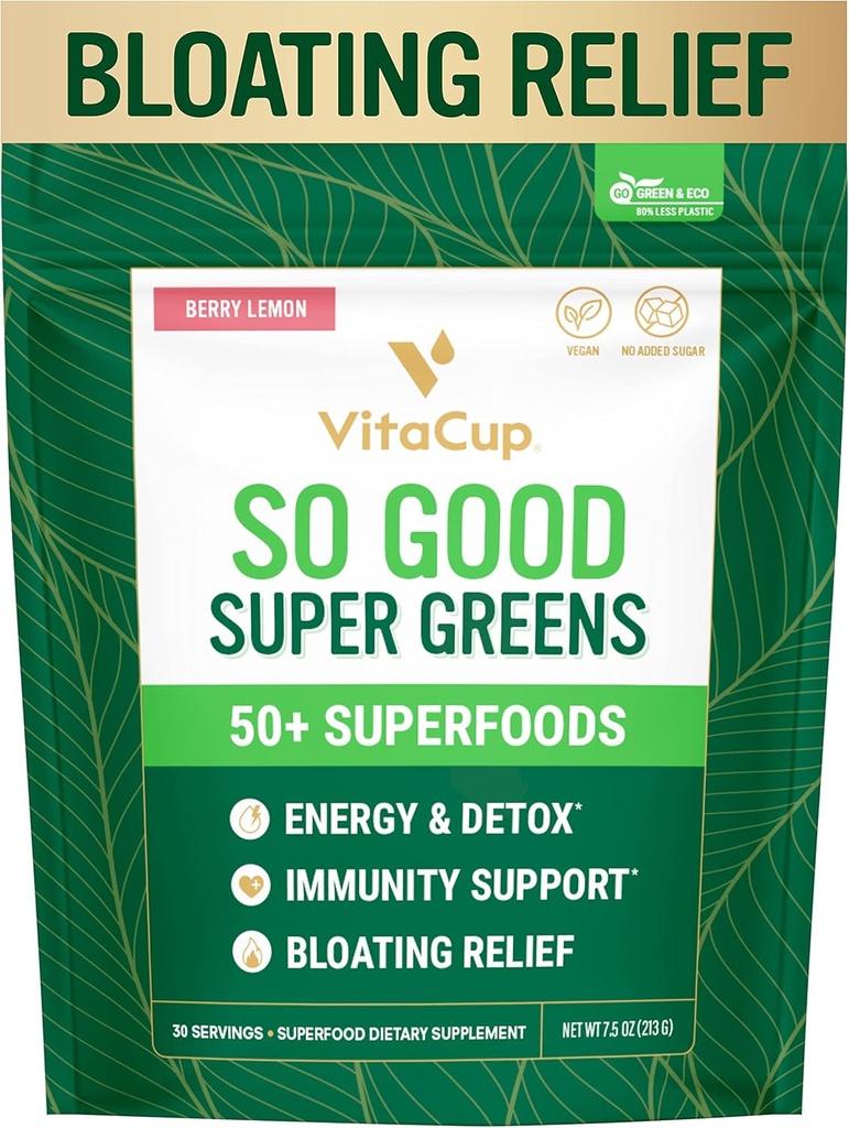 VitaCup So Good Super Greens Powder w/ 50+ Superfoods Premium, Boost Energy, Detox, Imunity w/Probiotics, Prebiotics, Fiber, Antioxidanti, Adaptogens, Spirulina, Berry Lemon,30 Servings