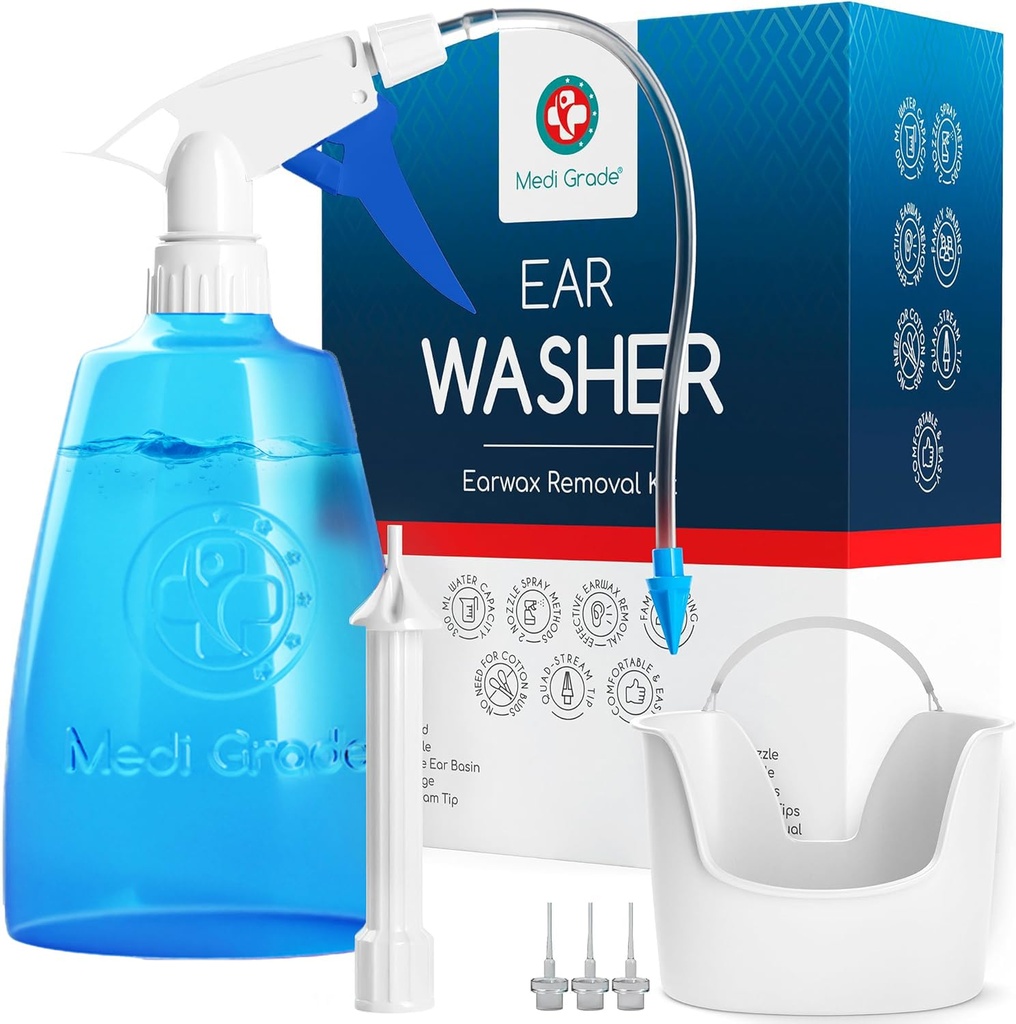 Medi Grade Ear Cleaning Kit Inclusiv Ear Cleaner Sticla, Bazin cu Quad-Stream Tip - Earwax Remove Kit pentru Claritatea Auz îmbunătățită - Ear Wax Instrumentul de îndepărtare pentru Igiena urechii