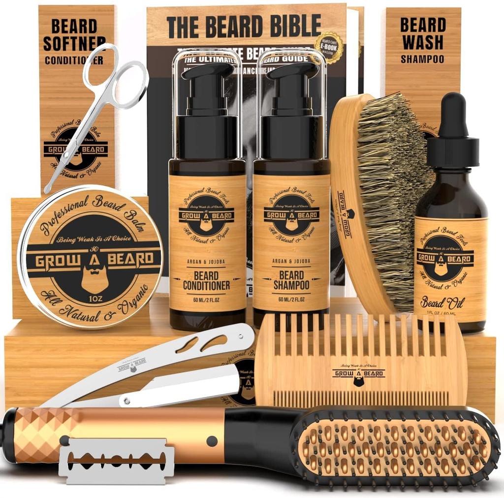 Kit de indreptare barbă pentru bărbați, Kit de creștere barbă, spălare, perie & Comb, ulei de creștere nesolicitat, toate Chanel natural Balsam, balsam, balsam, Razor & foarfece, Idee de mare cadou pentru bărbați (Bamboo)
