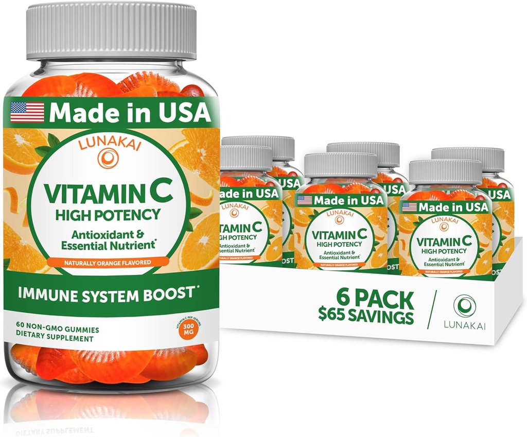 Lunakai Vitamina C Gume pentru adulți și copii - Organic VIT C Vegan Gummy Vitamine - 250 mg Adult, Copii, Copii Chews - 6 Pack