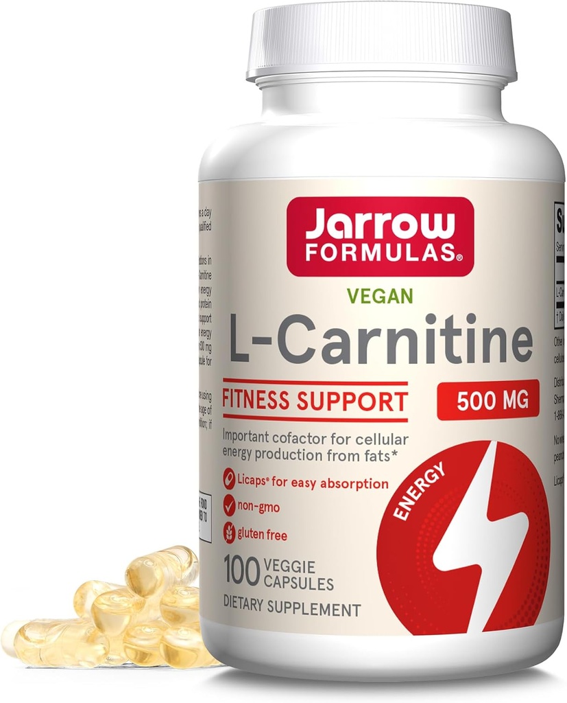 Jarrow Formulas L-Carnitine 500 mg - 100 Veggie Licaps - Cofactor important pentru producția de energie (ATP) din grăsimi - Vegan - Până la 100 Servings