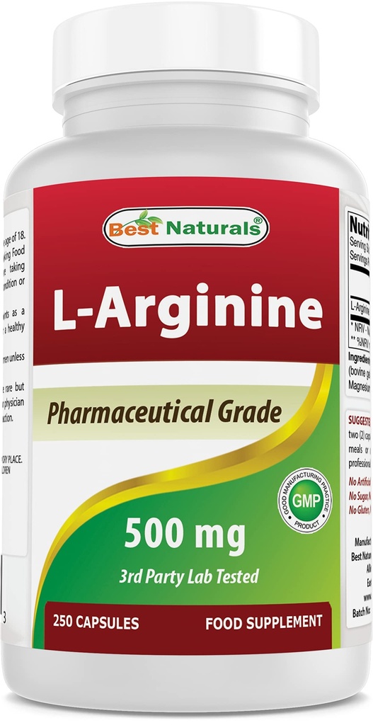 Cele mai bune Naturale L-Arginină 500 mg 250 capsule - supliment de grad farmaceutic L Arginina promovează sinteza oxid nitric