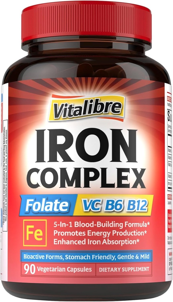 Suplimentul de fier pentru femei si barbati, cu vitamine C, B6, B12 & Folate pentru deficienta de fier, Blood Building & Energy Support, Stomac Friendly, O mai buna absorbtie, Non-GMO, No Gluten, 90 Vegan Caps