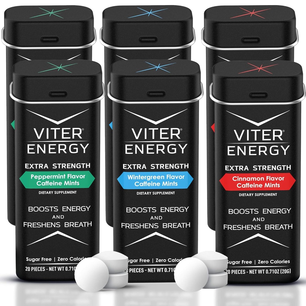 Viter Energie Putere Extra Cafeina menta 80mg Cafeina, B Vitamine, Sugar Free. (Variety, 20pcs, 6 Pack)