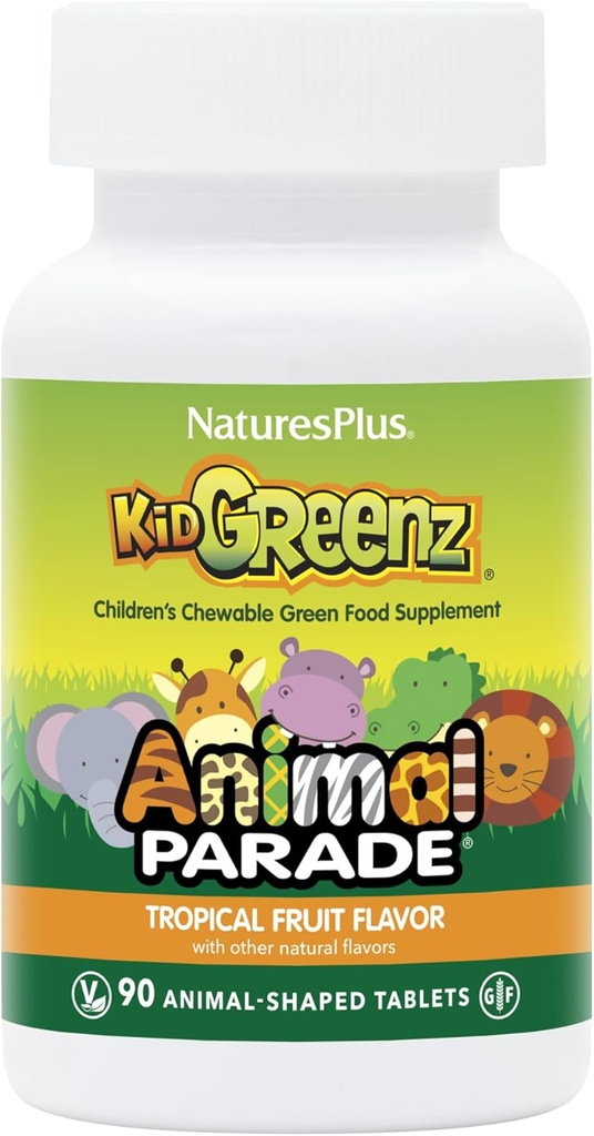 NaturasPlus Animal Parade KidGreenz, Aroma de fructe tropicale - 90 Animal-Shaped, Tablete masticabile - Pachet de 2 - cu Broccoli & Spanac - Vegetarian, Gluten gratuit - 180 Serviri totale
