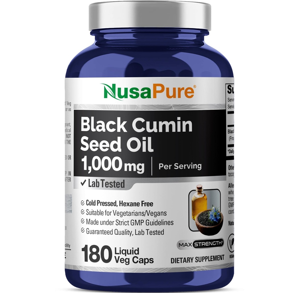 NusaPure Black Seed Oil 1000 mg per Serving 180 Softgel Capsule (Non-GMO, Vegetarian) Cold-Pressed Virgin Nigella Sativa. Hoxan liber