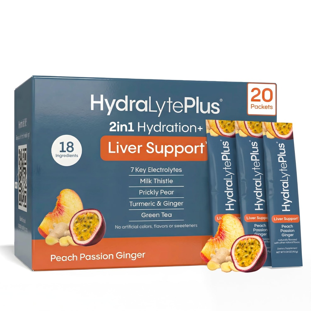 Suport pentru ficat hydralyte + Electrolite Mix with Milk Thistle, Turmeric, Ginger, Prickly Pear, extract de ceai verde Formulat pentru rehidratare rapidă (Peach Passion Ginger, 20 Pachete)