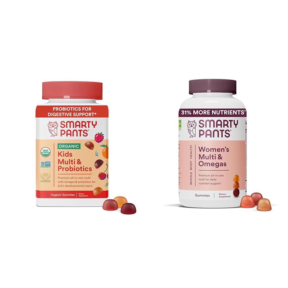 SmartyPants Organic Kids Multivitamine Gummies: Probiotice, Omega 3 (ALA), Vitamina D3, C, Vitamina B12 & Femeii Multivitamine Gummies: Omega 3 ulei de pește (EPA/DHA), metilfolat, CoQ10