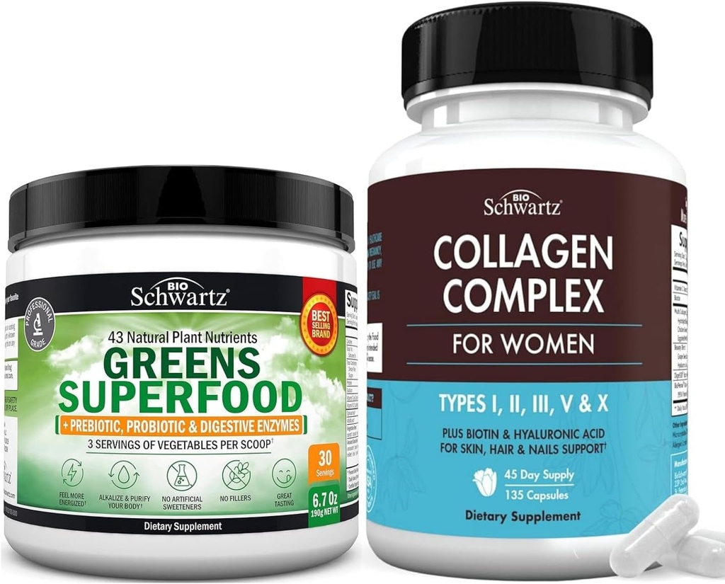 Super Greens Pulbere cu Probiotice Prebiotice și Enzime digestive (30 Servings) Plus Capsule hidrolizate Colagen Peptide (45 de zile de aprovizionare)