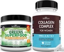 Super Greens Pulbere cu Probiotice Prebiotice și Enzime digestive (30 Servings) Plus Capsule hidrolizate Colagen Peptide (45 de zile de aprovizionare)