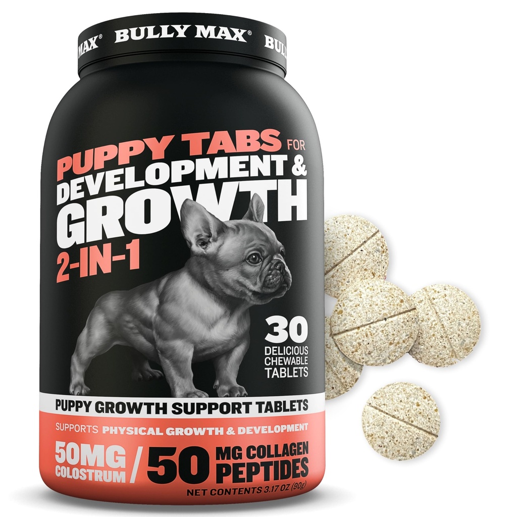 Bully Max 2-in-1 Vitamine de cățeluș - 30 comprimate masticabile pentru dezvoltare și creștere de cățeluș - Trata de câine, Vitamina și suplimente pentru câini de talie mică și căței de talie mare - poate fi folosit ca Topper alimente