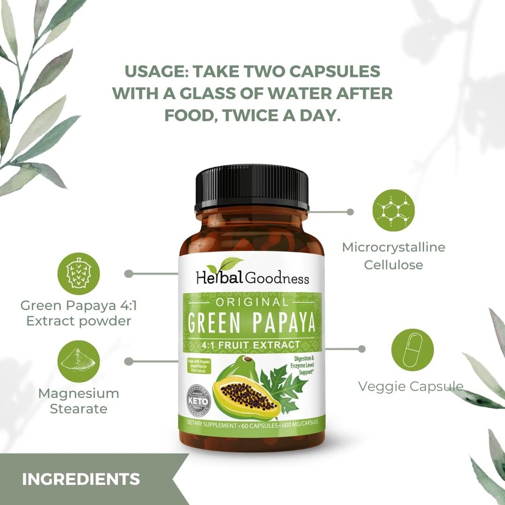 Green Papaya Capsules 4X Putere, Organic Papaya Leaf & Extract de fructe pentru trombocite, Digestive Health, Enzime, Probiotice, Antioxidanti 