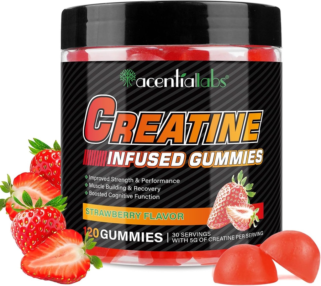Creatin Monohidrat Gumries 5000mg pentru bărbați și femei, Creatine Monohidrat, L-Taurină, Vitamina B12 pentru creștere musculară, Putere, Focus, Energie & Sănătate, Zahăr gratuit, Vegan, Aroma de căpșuni, 120 Conte
