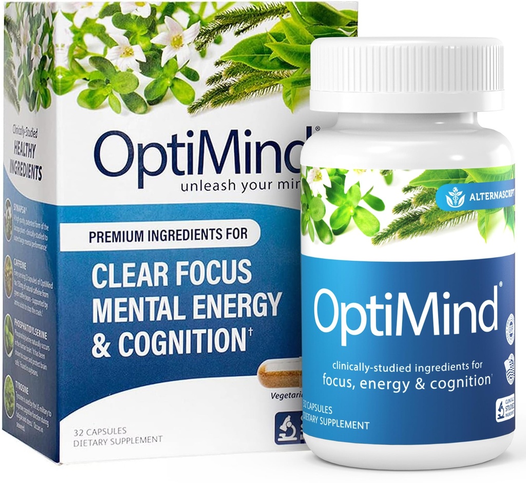 Optimind Bacopa Monnieri Brain Supplement for Memory and Focus, Nootrops with Fosfatidilserină, Huperzine A, Non-GMO, Clinic Studied Ingrediente, 32 Capsule