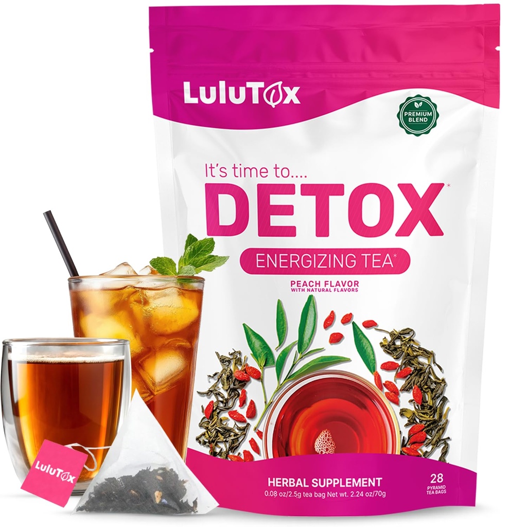 LULUTOX Detox Ceai - Slimming Ceai cu Dandelion și Ginseng pentru a sprijini Obiectivele pentru Detox Cleanse, Flat Belly, Blooting, Healthy Greutate și Digestive Health - Femei și bărbați - Peach Flavor (28 Servings)
