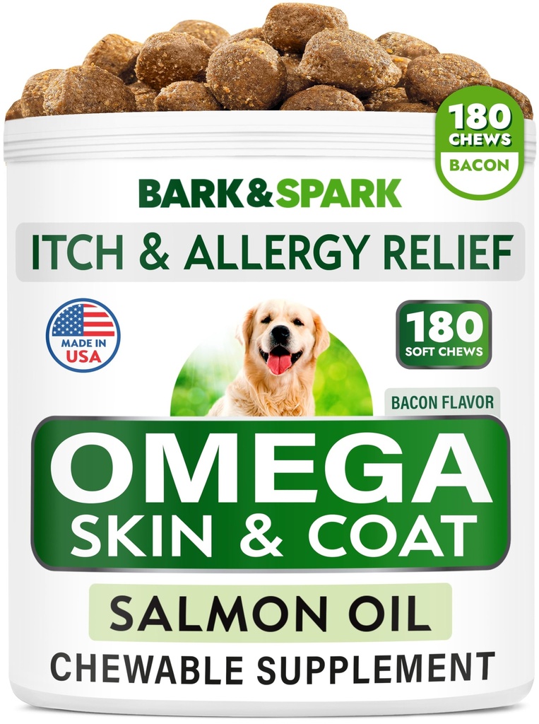 Omega 3 pentru câini și pisici - 180 de tratamente cu ulei de pește pentru vărsarea de câine, alergia pielii, relief mâncărime, tratament petelor fierbinți - sănătate comună - Supliment de piele și haină - EPA & acid gras DHA - ulei de somon - Bacon